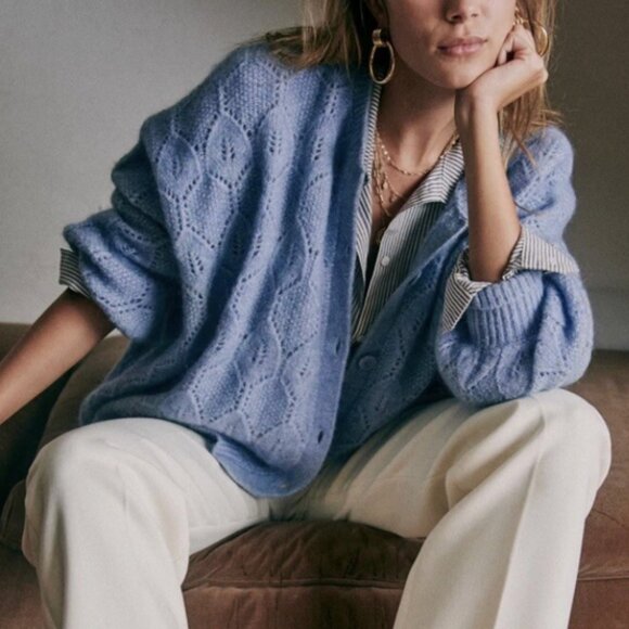 NWT Sezane Phoebe Jumper Cardigan - Blue Storm French Classic Knit Causal - Picture 2 of 6